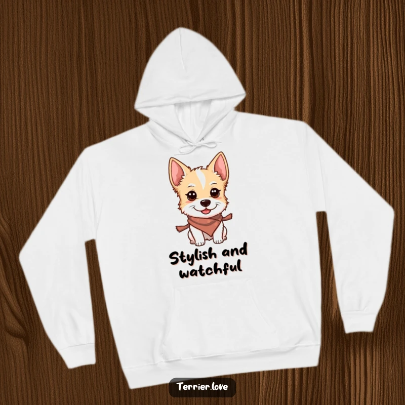 Funny hoodie featuring a smiling terrier sporting a small scarf, its alert gaze conveying a sense of watchful coziness.