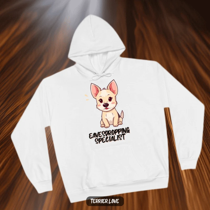 Funny terrier hoodie featuring a dog with ears tilted and perked, focusing intently on a distant sound, embodying attentiveness.