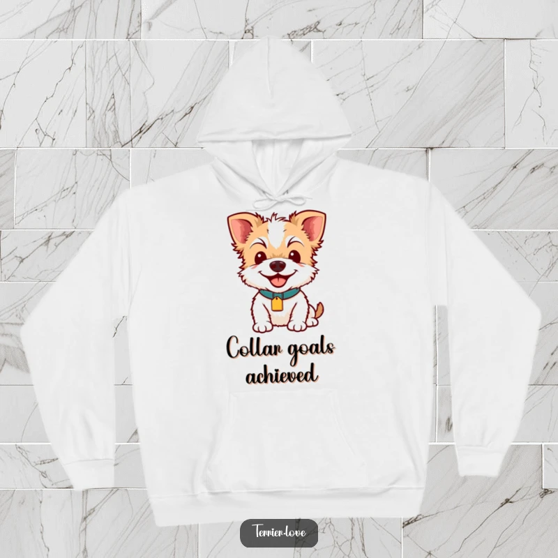 Funny Terrier Smile Hoodie: A cheerful terrier with a bright collar tag radiating happiness, designed for ultimate comfort and laughs.