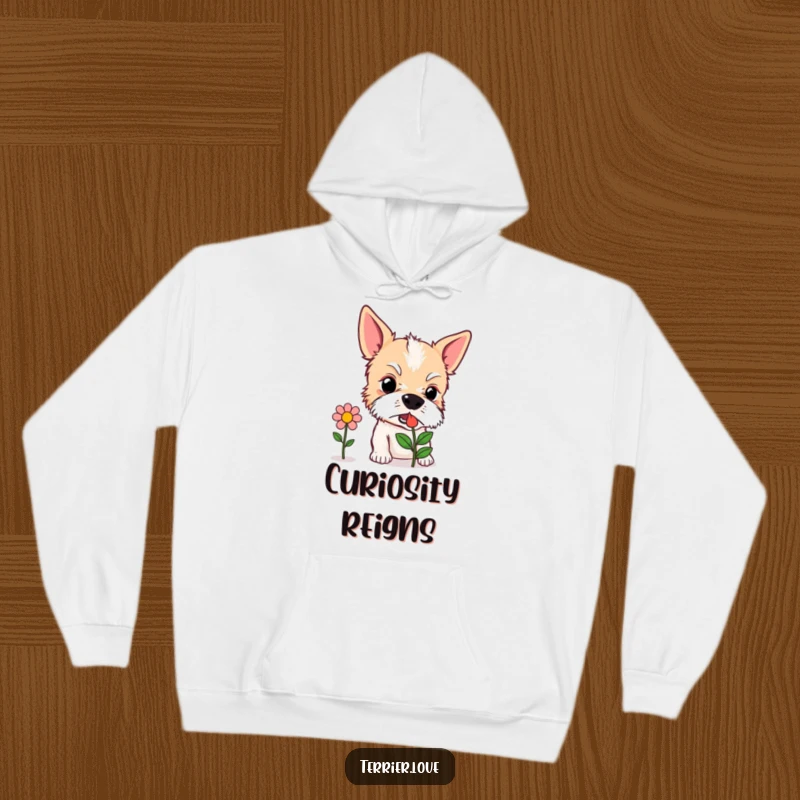 Funny Hoodie: A curious terrier dog sniffing a stylized flower icon with genuine interest, radiating gentle exploration.