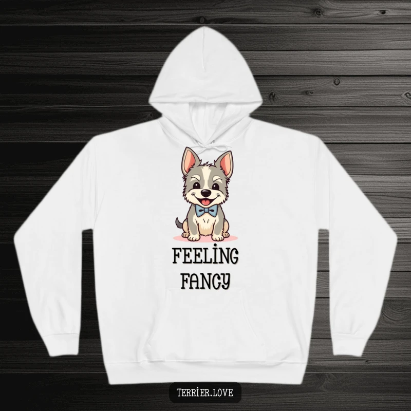 Funny Bow Tie Terrier Hoodie: A dog in a bow tie shakes its head with glee, offering warmth and humor, a great gift.