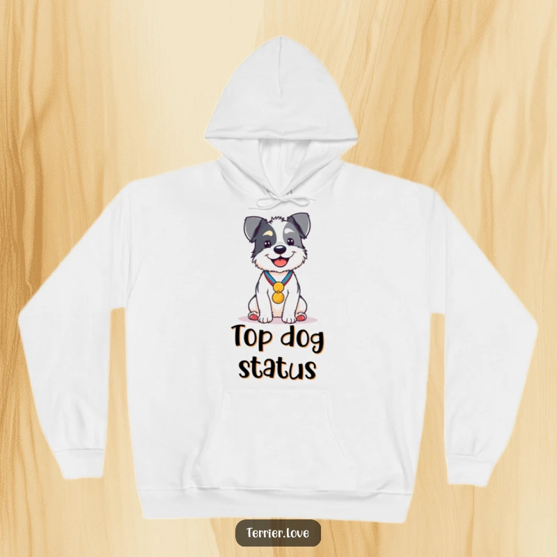 Funny Hoodie depicting a joyous terrier proudly sitting with a gleaming medal, showcasing ultimate canine achievement.
