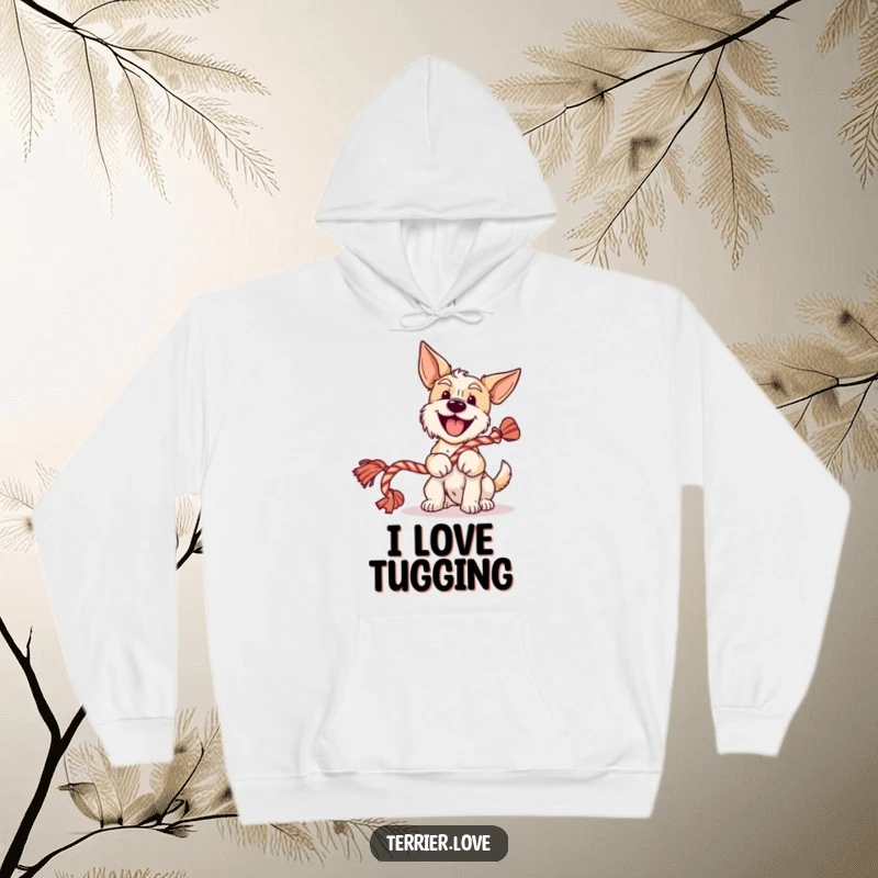 Funny terrier hoodie showing a cheerful dog wagging its tail and holding a rope toy, offering warmth and humorous joy.