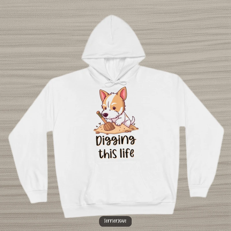 Funny Hoodie depicting a happy terrier enthusiastically digging a hole in soft earth, looking utterly thrilled.