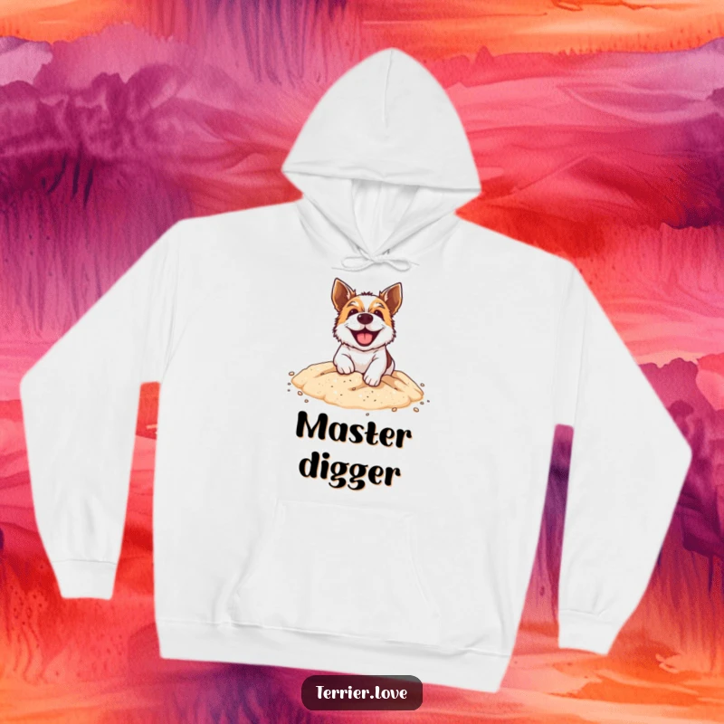 Funny Hoodie: An energetic terrier with a wide grin, digging enthusiastically in a miniature sandpit, a symbol of playful mischief.