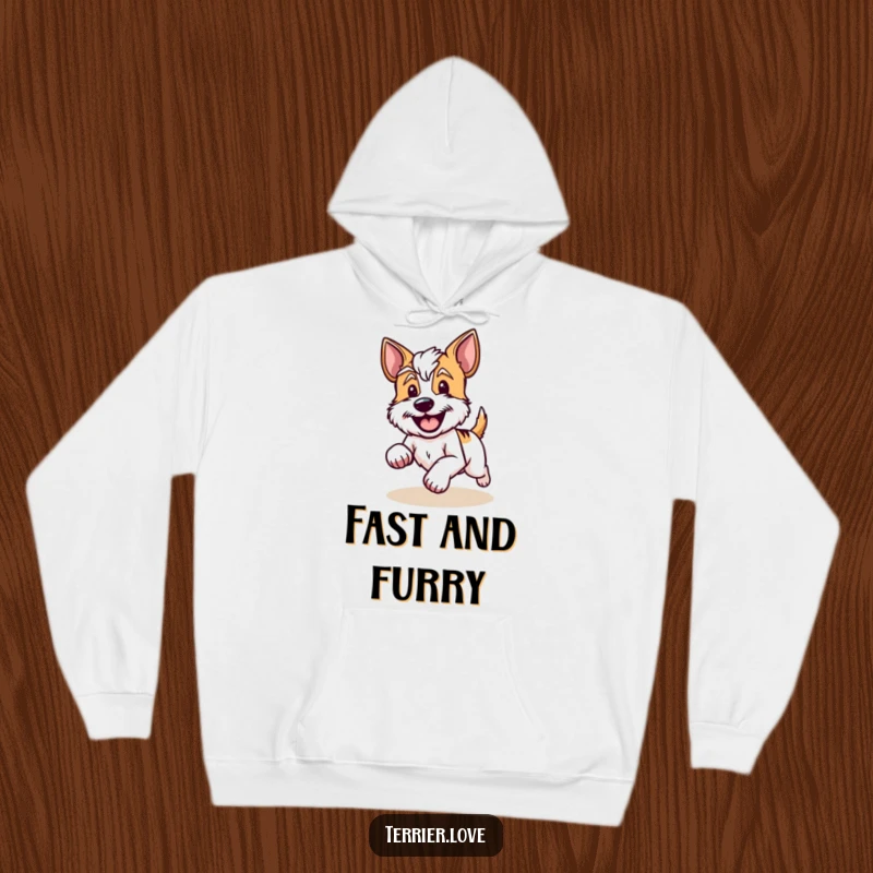 Funny Hoodie depicting a happy terrier running with its tail wagging vigorously, radiating pure delight.