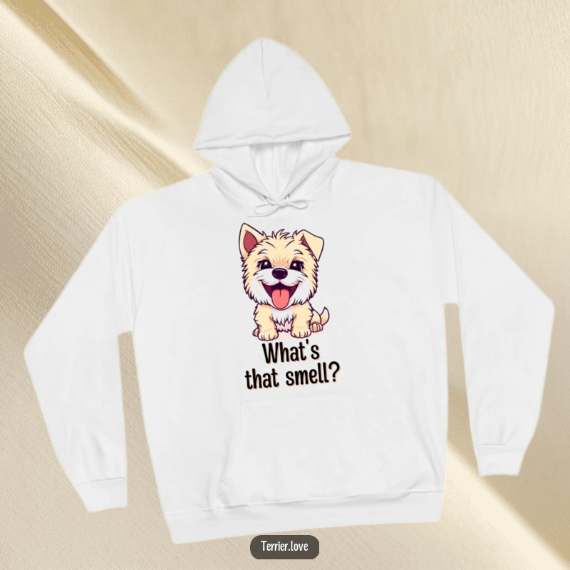 Funny Terrier hoodie depicting a joyful dog with its tongue out, looking intently at something, cozy and focused.