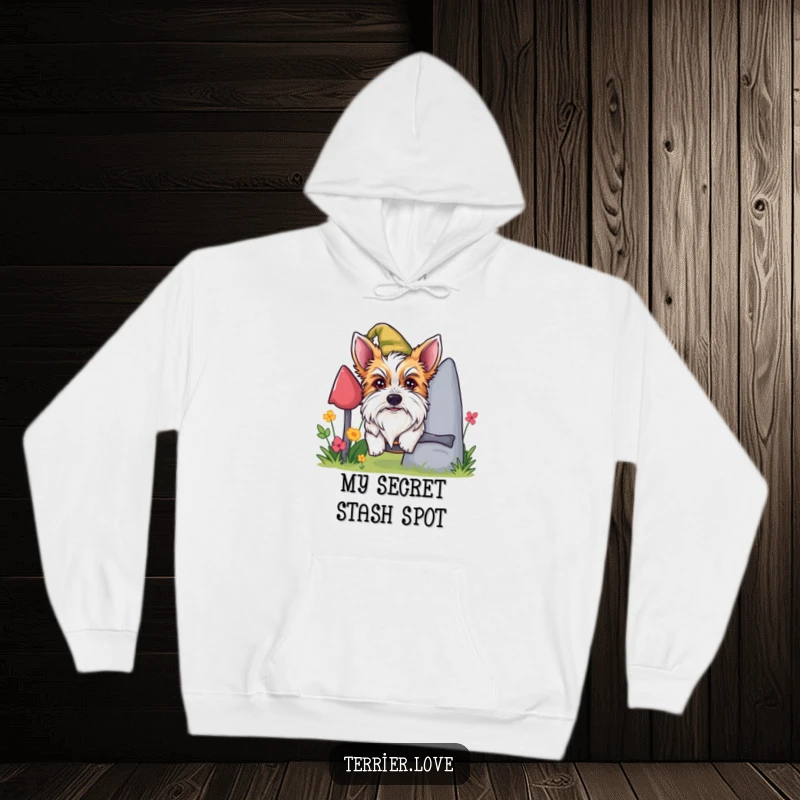 Funny mischievous terrier hoodie, dog peeking playfully, cozy canine apparel, excellent present choice.