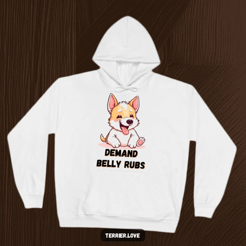 Funny Terrier Hoodie: Adorable terrier face with a happy yip, head tilted, pleading for a delightful belly rub. Ultimate comfort and humor.