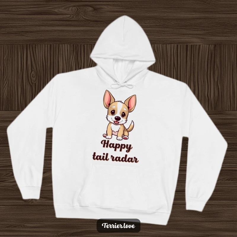 Funny hoodie showcasing a happy terrier with oversized ears and an enthusiastically wagging tail, offering warmth and humor.