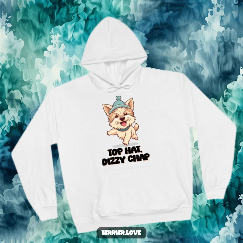Funny Terrier hoodie design of a silly dog with a hat, enthusiastically chasing its tail, embodying playful energy and comical antics.