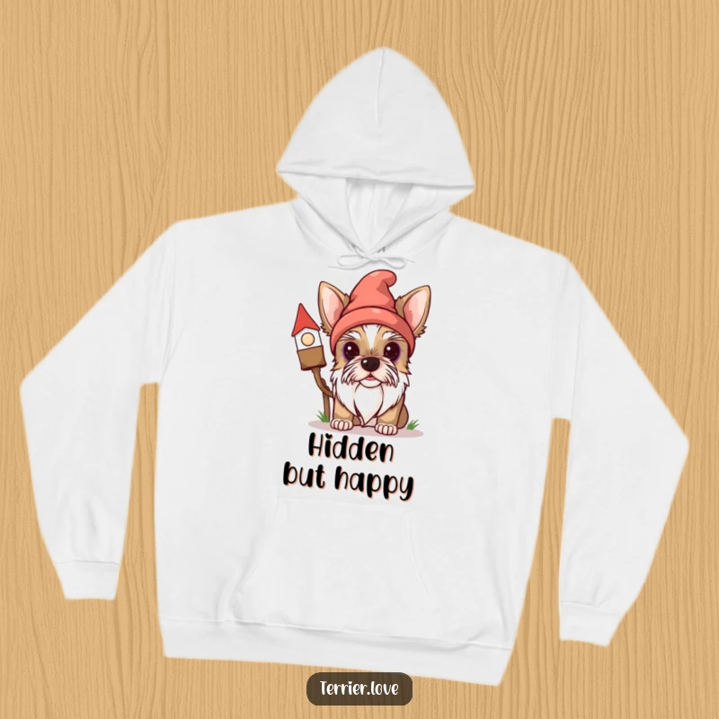 Funny Terrier Hoodie: A curious dog peeks from behind a gnome, offering warmth and humor, a delightful gift for dog lovers.