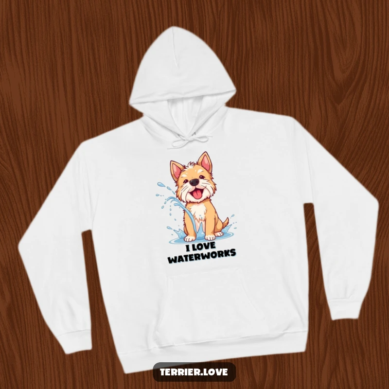 Funny terrier hoodie showing a dog exuberantly shaking off water, creating a lively spray, perfect for cozy fun.