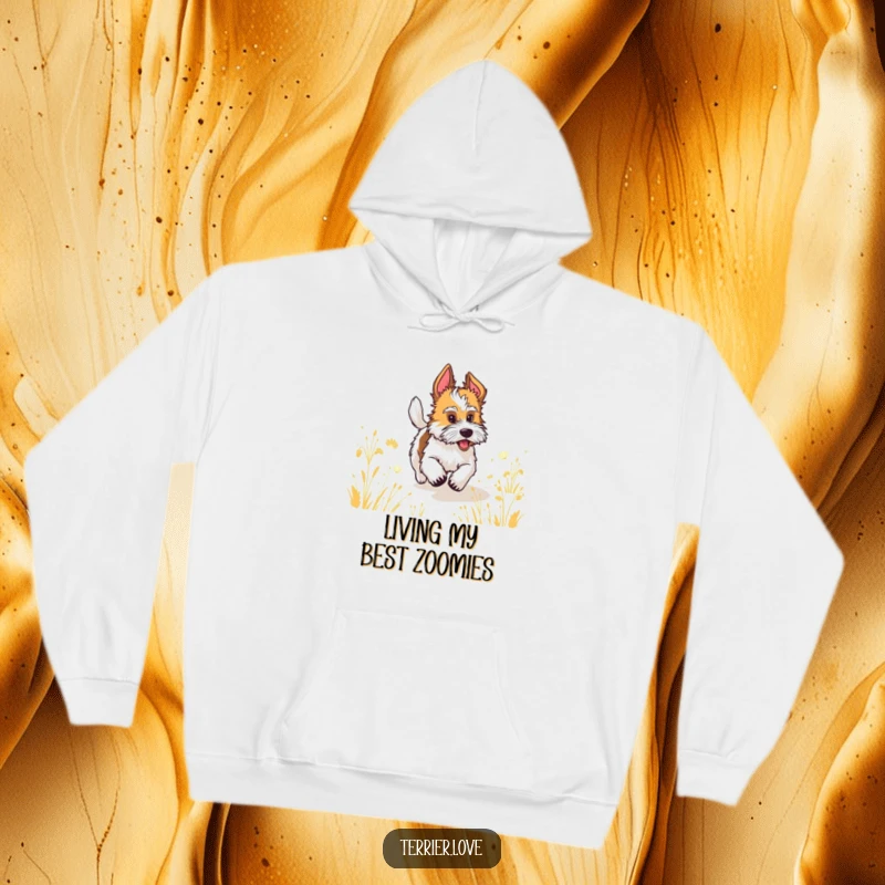 Funny terrier with a wagging tail running joyfully through a field, perfect for a humorous hoodie.