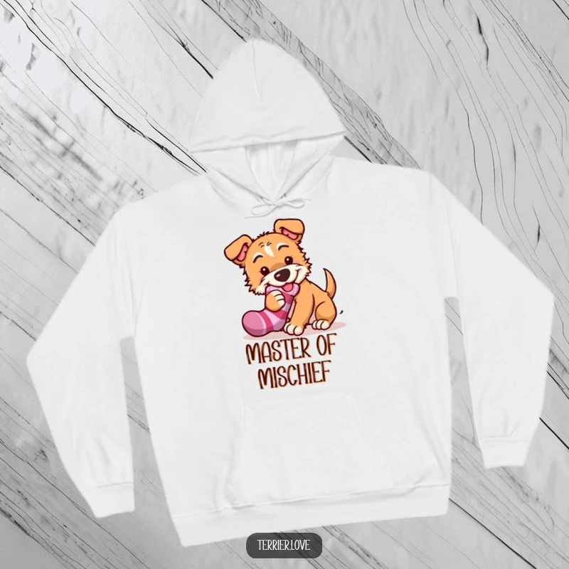 Funny terrier hoodie featuring a mischievous dog caught stealing a sock, designed for comfort and a touch of playful canine theft.