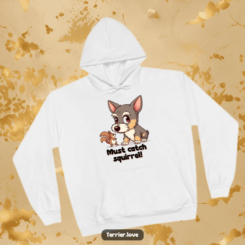 Funny terrier hoodie featuring a focused dog intently watching a squirrel, designed for warmth and showcasing canine vigilance.