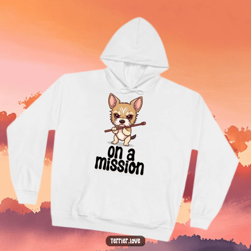 Funny Determined Terrier Hoodie: A focused terrier clutching a stick, symbolizing resolve and strength, designed for maximum comfort and a touch of humor.