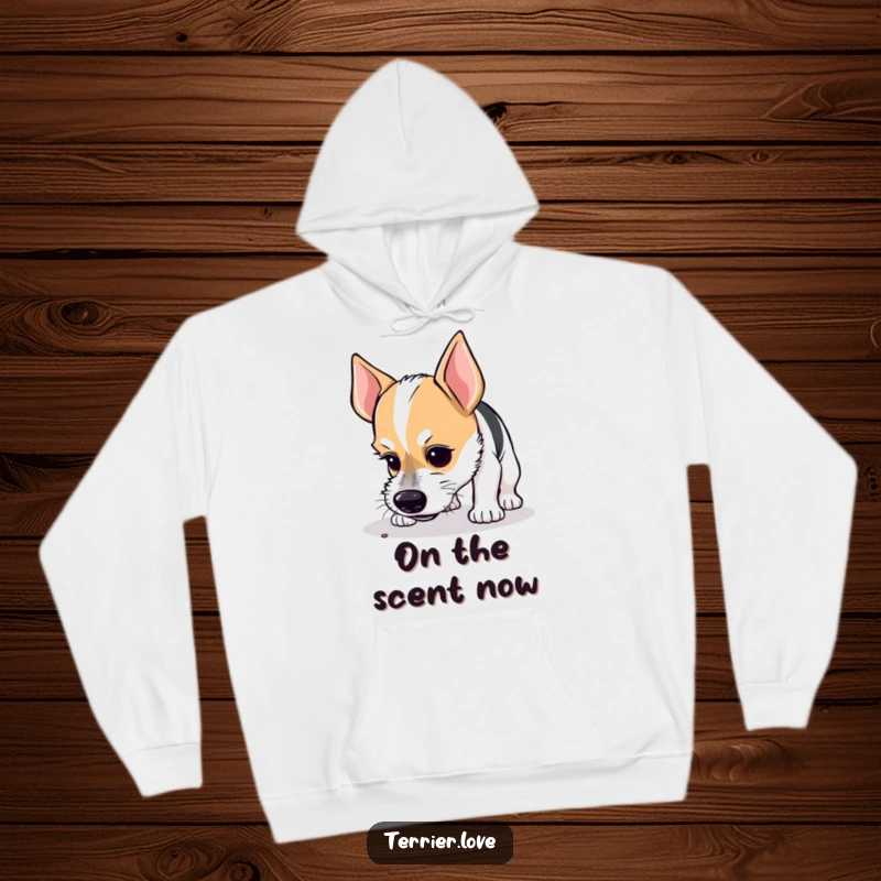 Funny hoodie showcasing a curious terrier with a serious, focused look while sniffing the ground, ready to uncover secrets.