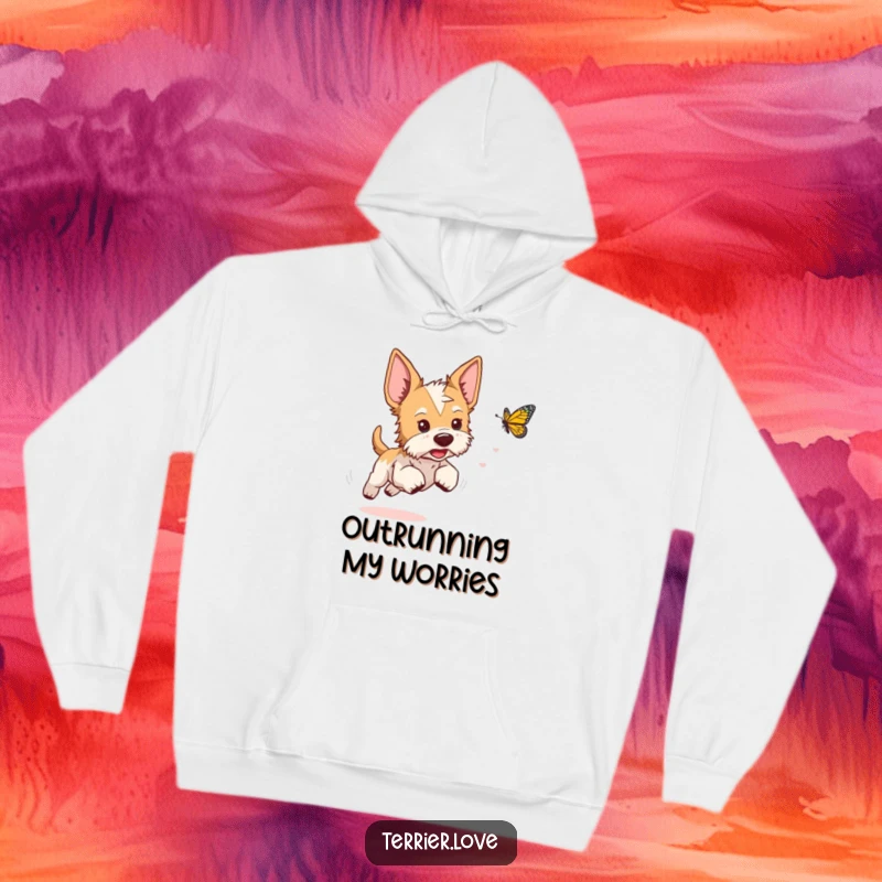Funny terrier hoodie featuring a playful dog with perked ears, joyfully pursuing a fluttering butterfly.