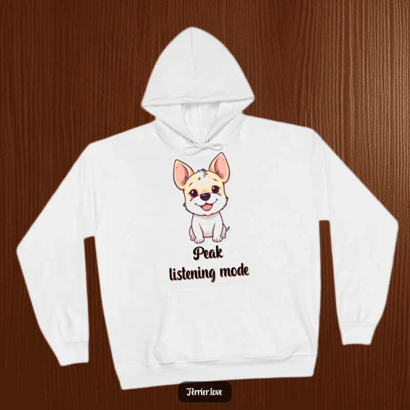 Funny Hoodie showcasing a smiling terrier dog with its floppy ears perked up, radiating warmth and friendly anticipation.