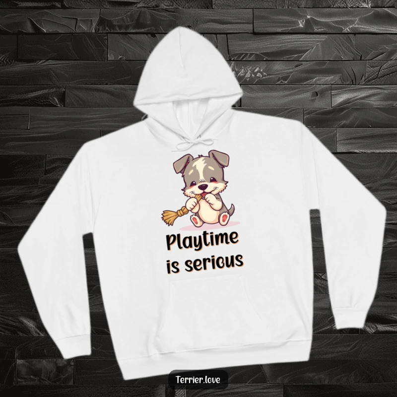 Funny Hoodie with a terrier playing tug-of-war with a rope toy, comfortable and humorous apparel.