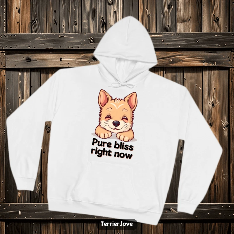 Funny terrier hoodie featuring a content smiling dog resting peacefully, perfect for staying warm and cozy while showcasing canine charm.