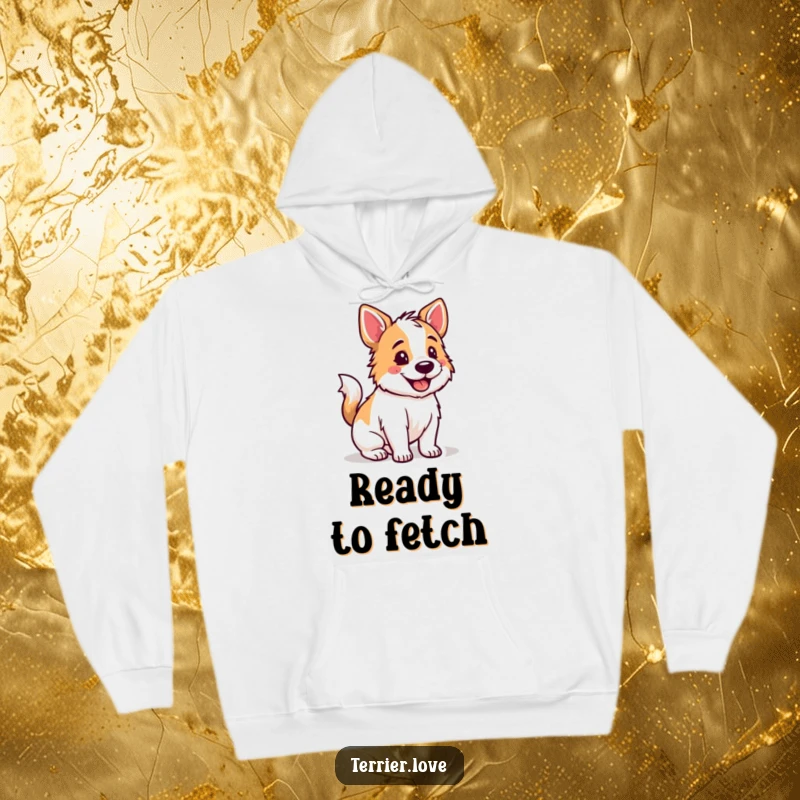 Funny Terrier hoodie depicting a happy dog with a wagging tail, ready for fun and games, cozy apparel.