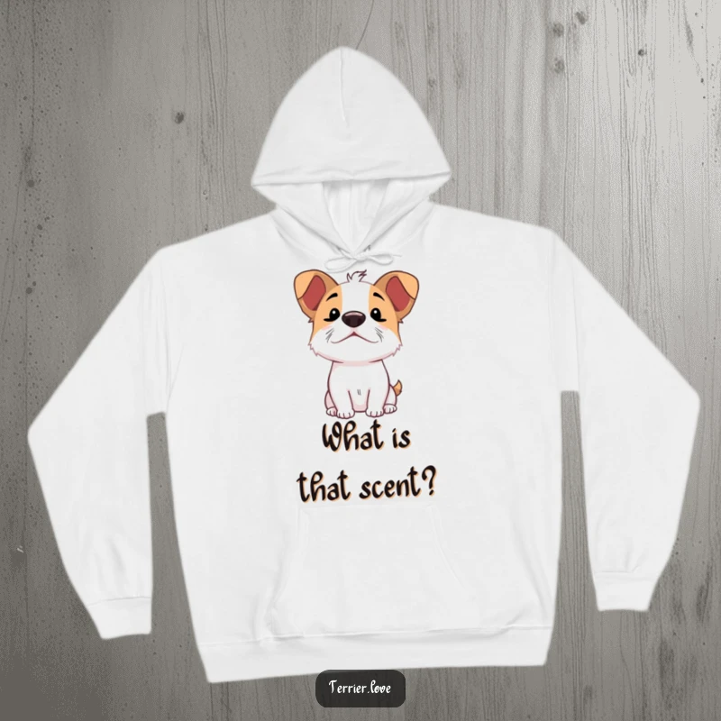 Funny Sniffing Terrier Hoodie: Comfortable sweatshirt featuring an excited dog character with nose up, eagerly sniffing the air.