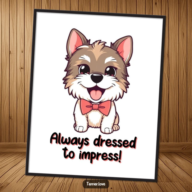 Funny Free Printable Wall Art: Playful Terrier wearing a smart bow tie, panting happily.