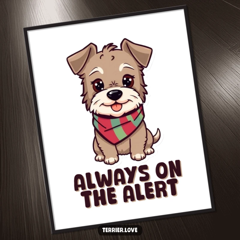 Funny free printable wall art of an alert terrier in a colorful scarf, adding a touch of quirky humor to any room.