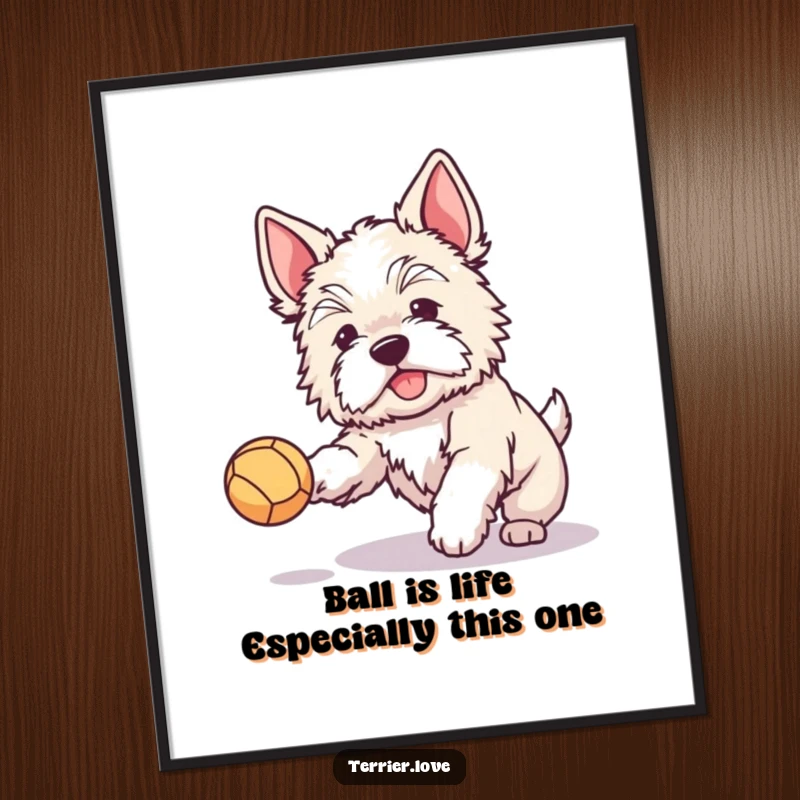 Funny Free Printable Wall Art: Fluffy terrier with perked ears joyfully catches a small ball, radiating happiness.