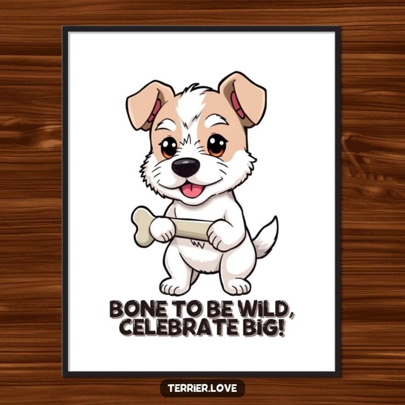 Funny Free Printable Terrier Wall Art: Proud terrier dog holding a bone, confident and happy, perfect for dog lovers, downloadable art.