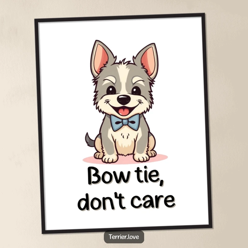 Funny Free Printable Wall Art of a dapper Terrier dog wearing a bow tie, shaking its head with pure, unadulterated glee.