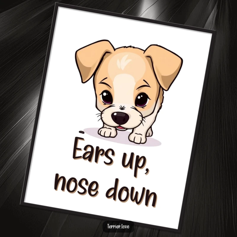 Funny Free Printable Wall Art of a curious terrier with endearing floppy ears sniffing the ground.
