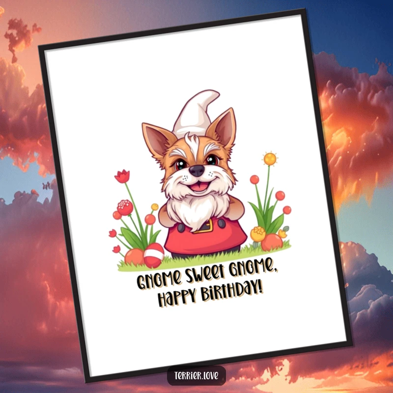 Funny Free Printable Wall Art: A terrier dog peeking from behind a garden gnome, grinning playfully, adding character to your space.