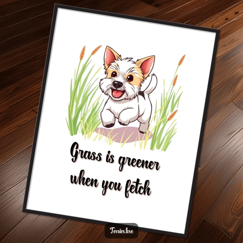 Free Printable Terrier Wall Art: A happy terrier with a furiously wagging tail bounding through lush green grass, full of life.