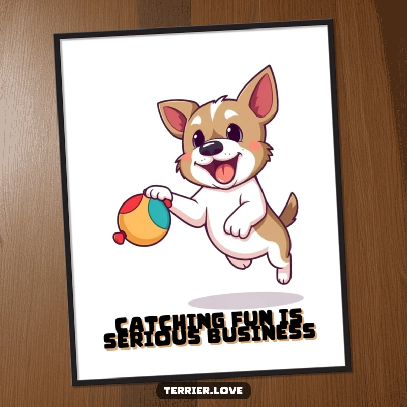 Free Printable Terrier Wall Art: Playful terrier with laser focus leaping mid-air to catch a squeaky toy, full of action.