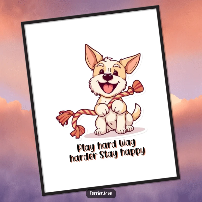 Funny Free Printable Wall Art of a cheerful terrier with a furiously wagging tail, holding a rope toy, radiating happiness.