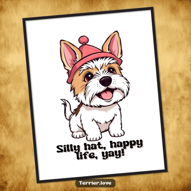 Funny Free Printable Wall Art: A terrier dog wearing a silly hat, wagging its tail happily, adding cheerful vibes.