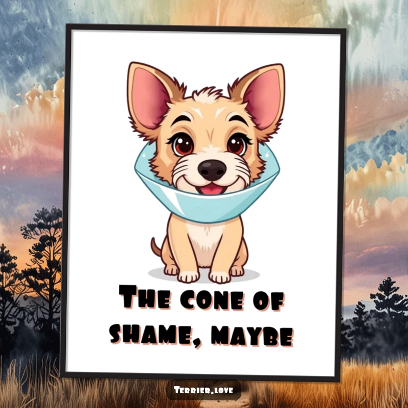 Funny Free Printable Wall Art: A terrier sporting a recovery cone, with a slightly confused but genuinely happy expression.