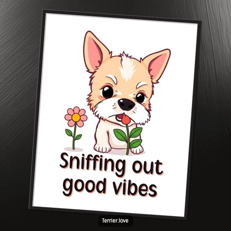Funny Free Printable Wall Art: An inquisitive terrier with its nose close to a vibrant, stylized flower icon.
