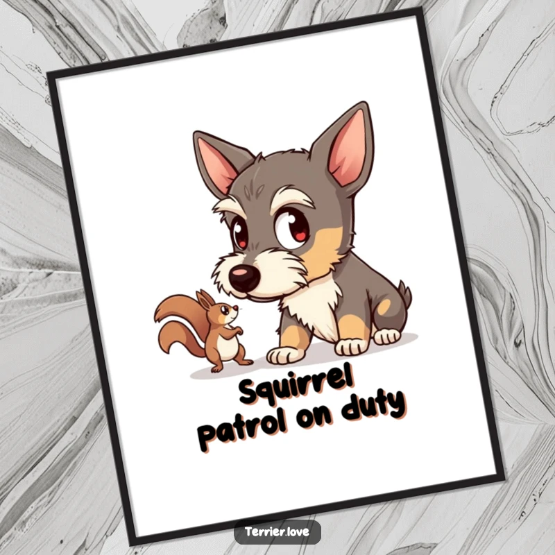 Funny Free Printable Wall Art: A terrier with wide, attentive eyes is completely focused on a tiny, scurrying squirrel.