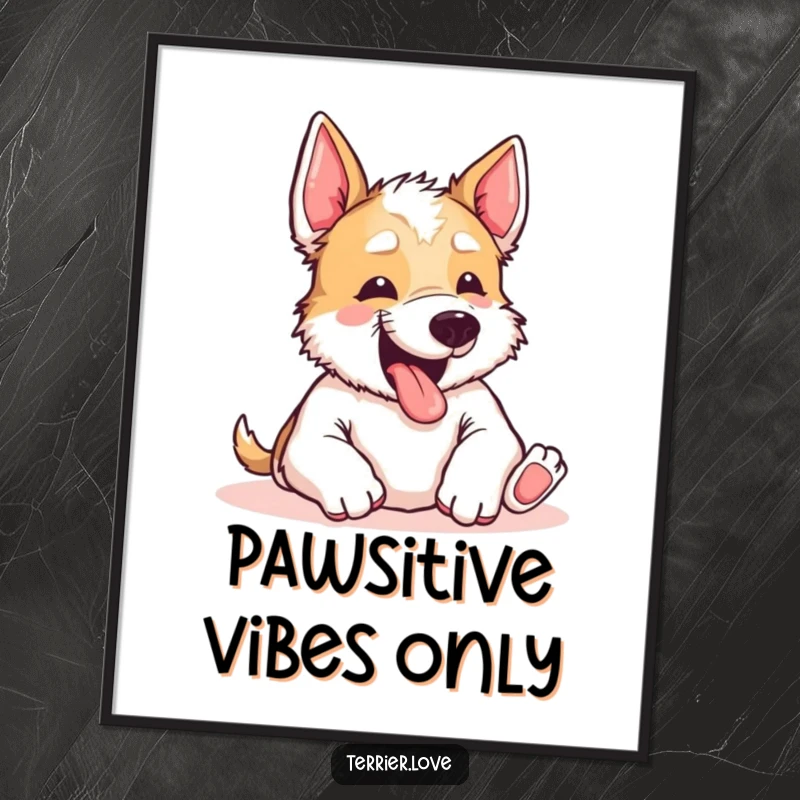 Funny Free Printable Wall Art: Excited terrier dog yipping enthusiastically, head tilted, begging for a belly rub, humorous dog illustration.