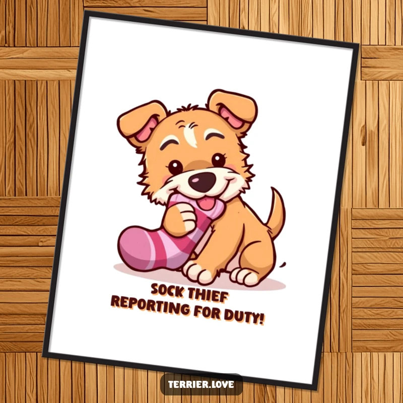 Funny Free Printable Wall Art: A mischievous terrier with a playful glint attempts to make off with a sock.
