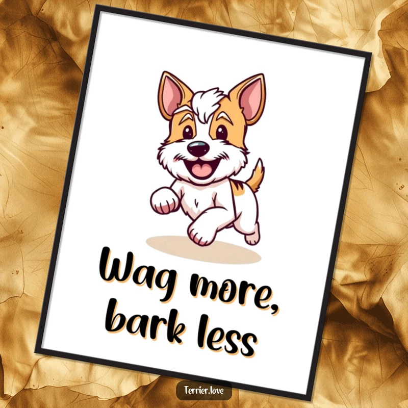 Funny Free Printable Wall Art: A terrier running with full speed and joy, its tail wagging furiously, full of life.