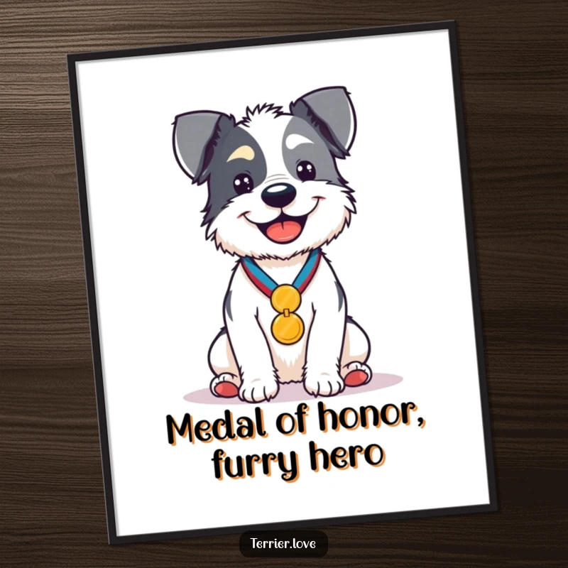 Funny Free Printable Wall Art: A heroic terrier sits proudly, wearing a shiny gold medal, exuding accomplishment and humor.