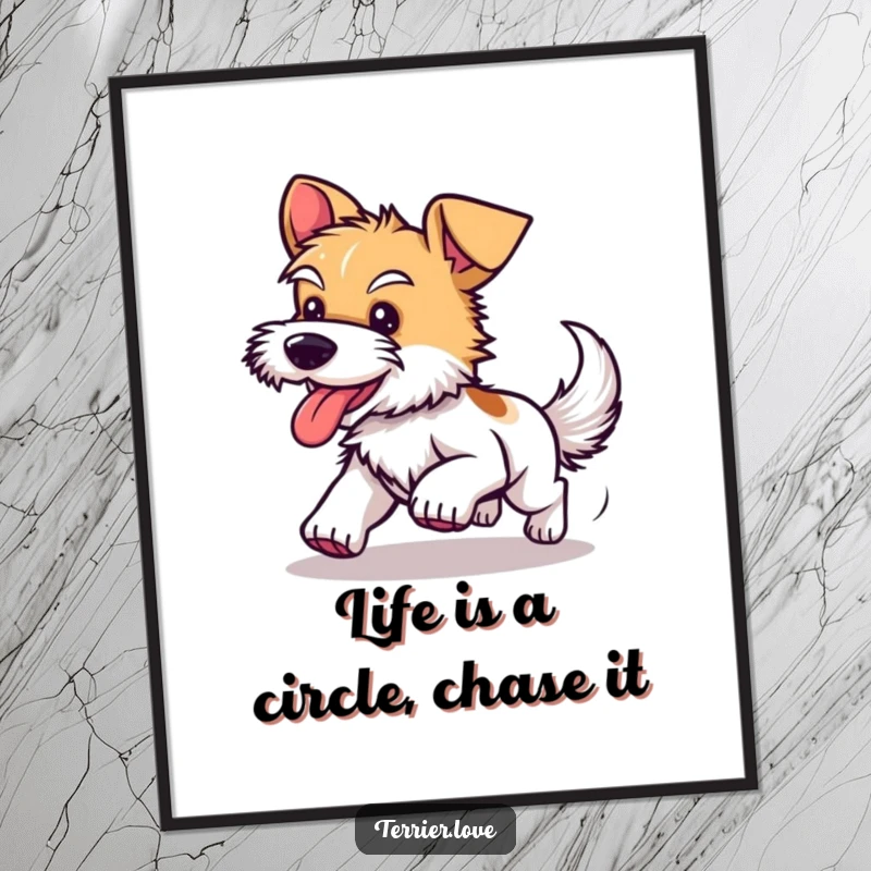 Funny Free Printable Wall Art: A happy terrier with a panting smile chasing its tail in a fun, circular motion.