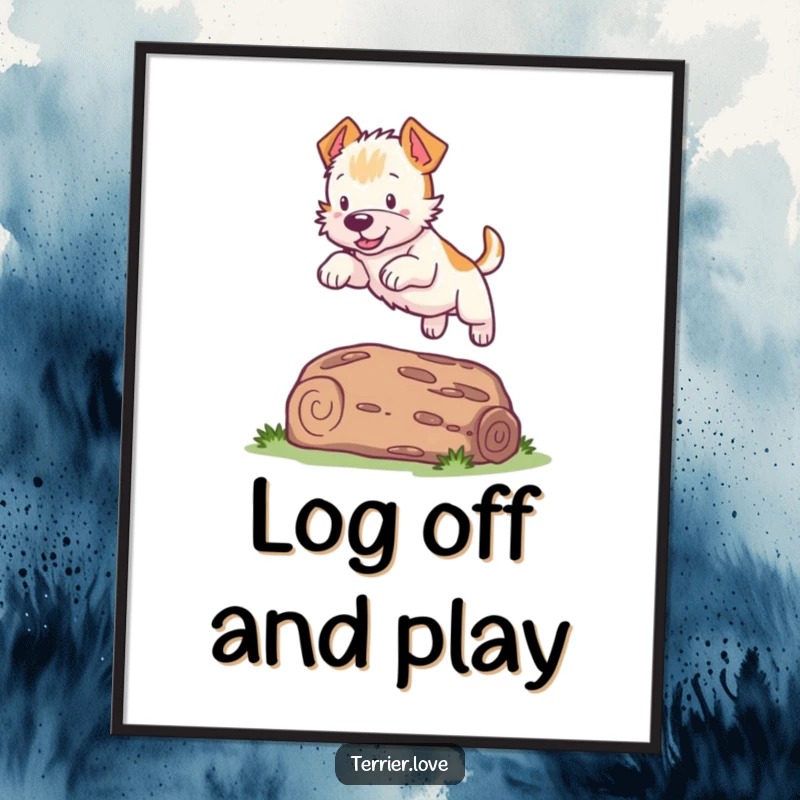 Funny Free Printable Wall Art of a lively Terrier dog energetically leaping over a small log, full of playful spirit.