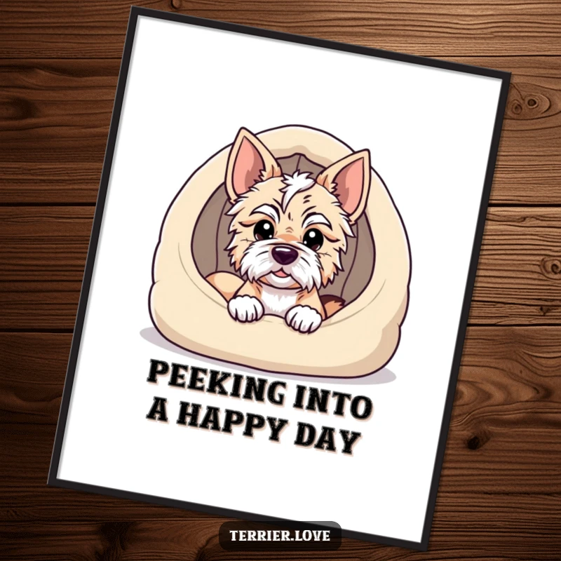 Funny Free Printable Wall Art: A terrier character peeking adorably from the comfort of its cozy dog bed.