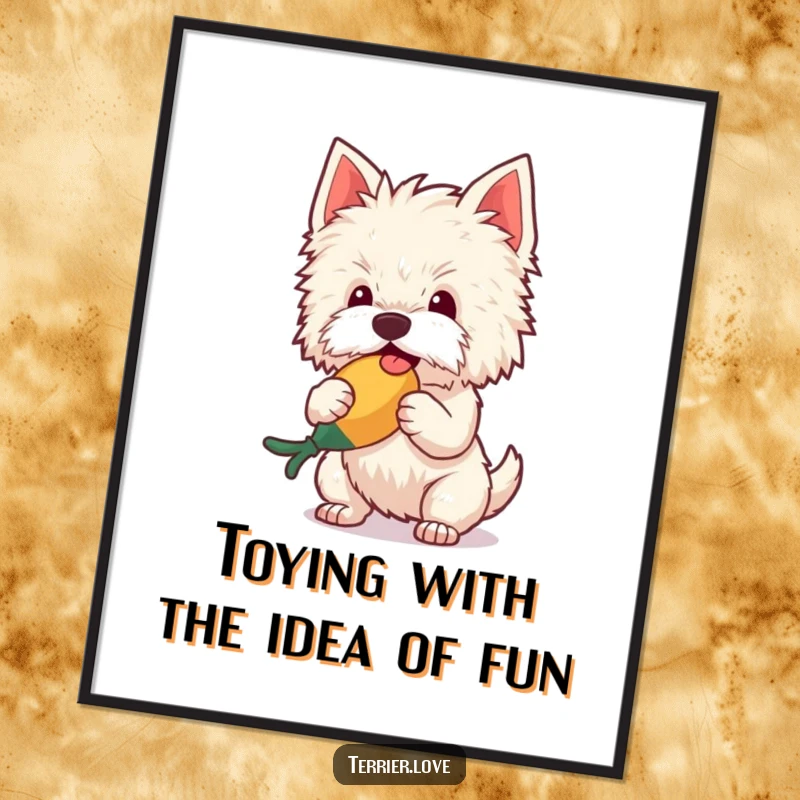 Funny Free Printable Wall Art: Fluffy terrier in mid-shake with a squeaky toy, full of playful energy.